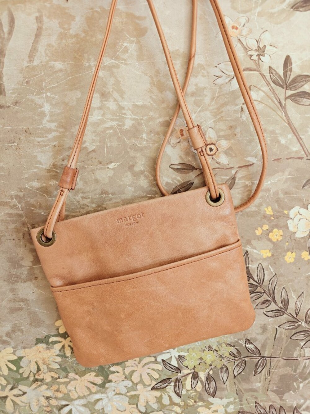 Margot New York Tan Leather Crossbody Bag Slim Grommet Shoulder Purse